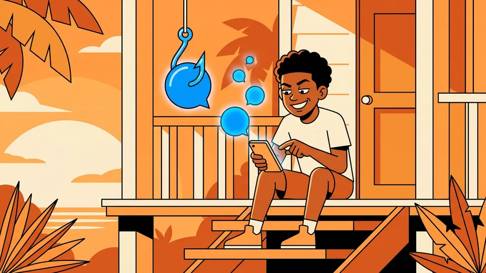 Un adolescent assis sur les marches d'une maison créole regarde son téléphone ; des bulles de messages s'en échappent, et l'une d'elles est accrochée à un hameçon