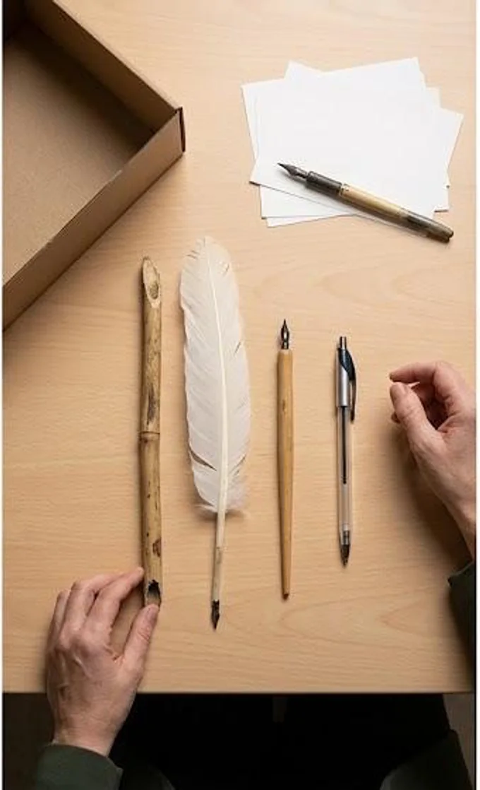 Le carton reçu par le musée, ouvert sur une table : un roseau taillé, une plume d'oie, un porte-plume, un stylo-bille, et un stylo-plume posé sur des fiches blanches