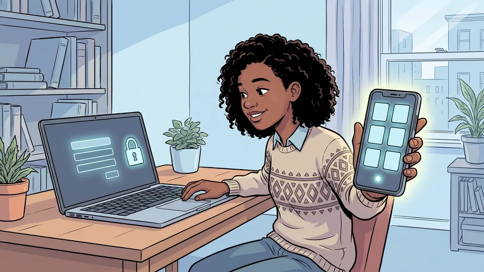 Une adolescente se connecte sur un ordinateur portable et tient son téléphone qui affiche un code à six chiffres : l'authentification à deux facteurs