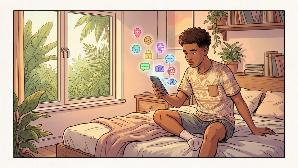 Un adolescent dans sa chambre, téléphone en main ; de l'écran s'échappent de petites icônes : position, cookie, cadenas, empreinte, bulle de message