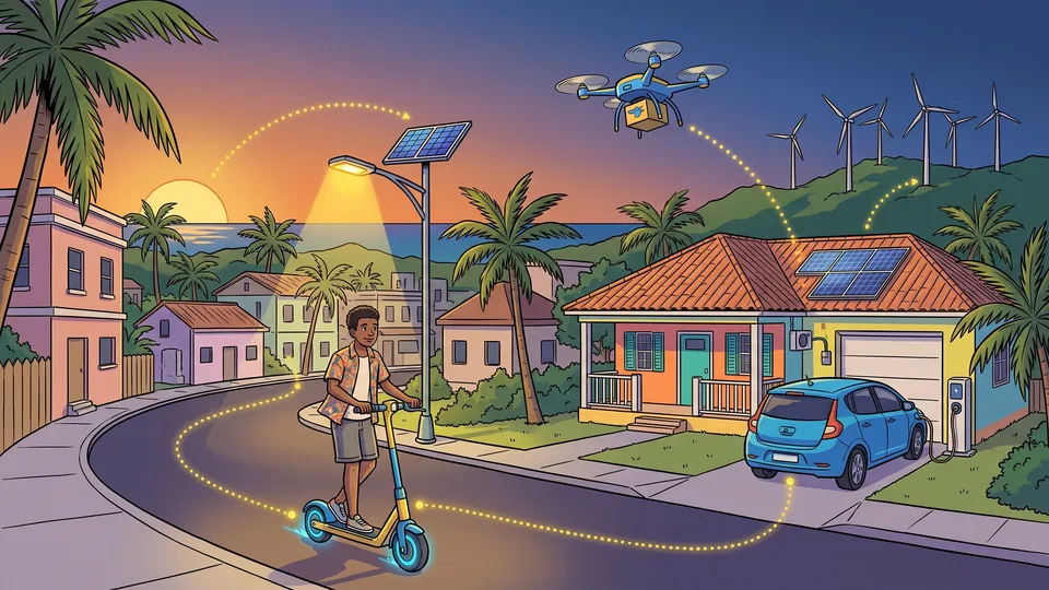 Une rue en Guadeloupe au crépuscule : trottinette électrique, lampadaire solaire, drone, maison à panneaux solaires, voiture en charge et éoliennes