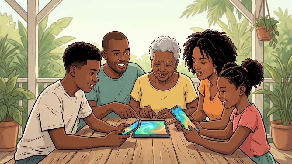 Une famille guadeloupéenne de trois générations réunie sur une véranda, autour d'une tablette et de téléphones, en pleine discussion