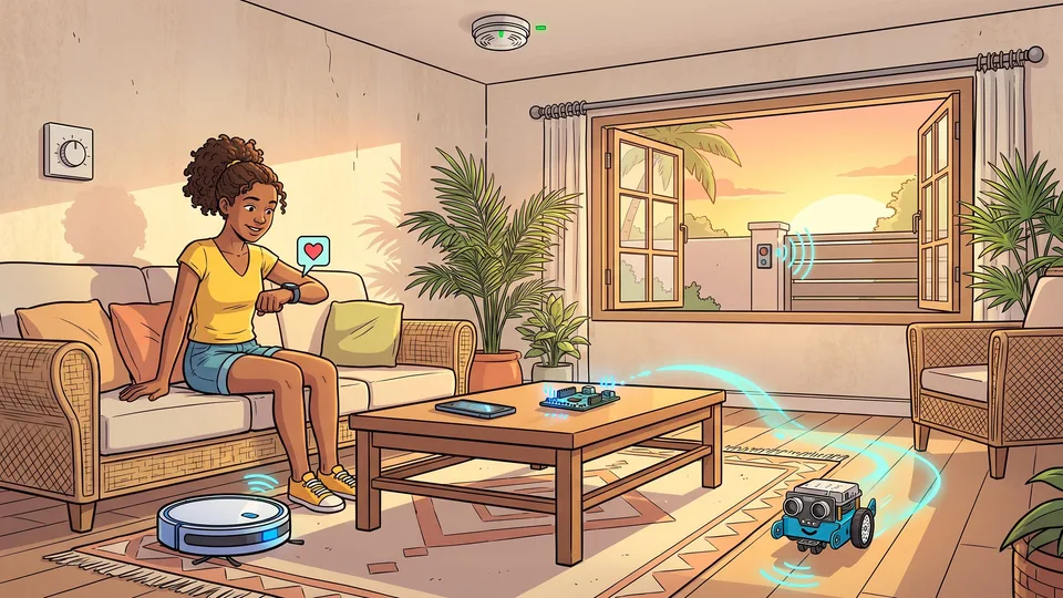 Un salon rempli d'objets qui captent : montre connectée, robot aspirateur, thermostat, détecteur de fumée, portail automatique et petit robot à ultrasons