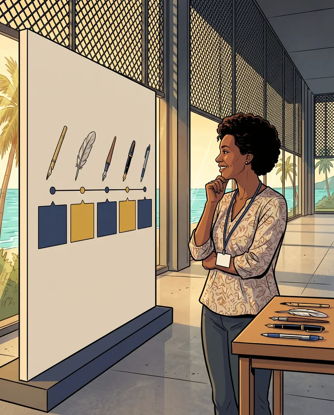 Dans le hall du musée, la conservatrice admire un grand panneau d'exposition : une frise de cinq outils d'écriture avec des cartouches de couleur