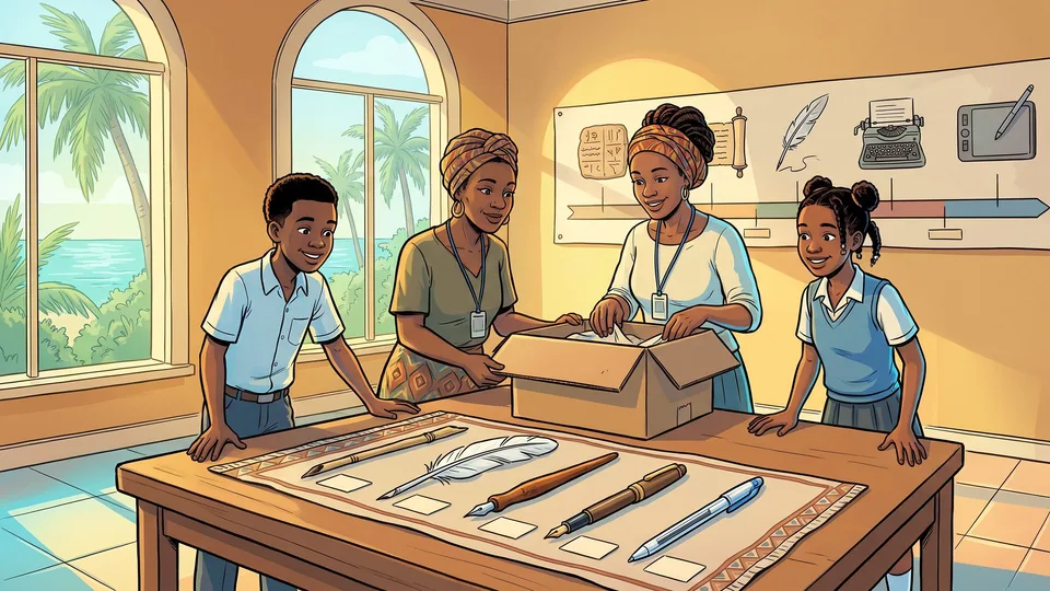 Dans une salle de musée en Guadeloupe, un conservateur et deux élèves déballent un carton : calame, plume d'oie, porte-plume, stylo-plume et stylo-bille alignés sur une table