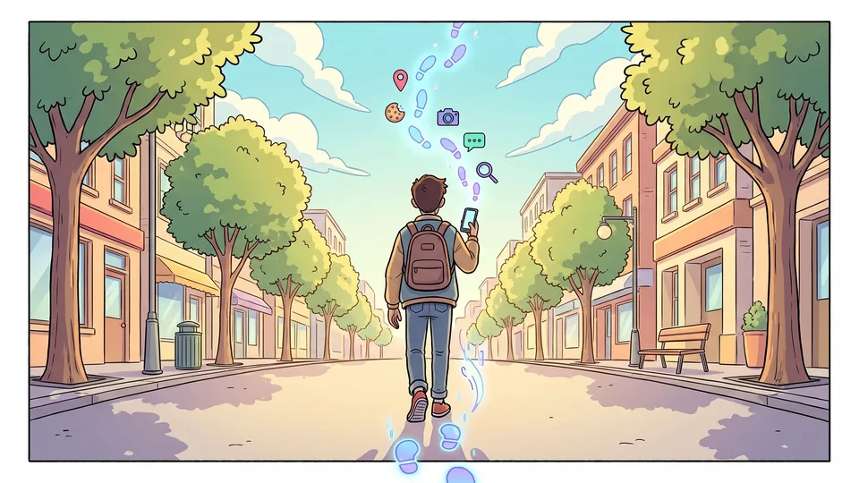 Un adolescent marche dans une rue ensoleillée, téléphone en main, et laisse derrière lui une traînée d'empreintes lumineuses et de petites icônes : position, cookie, appareil photo, bulle de message